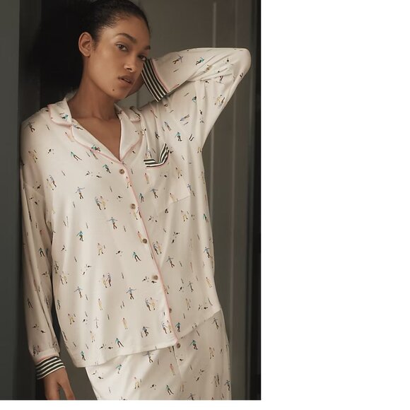 By Anthropologie The Briar Piped Pajama Shirt: Long-Sleeve Edition S NEW - Picture 1 of 8